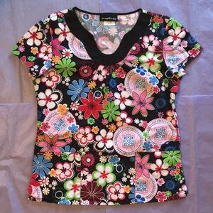 Los Angeles Rose Floral Medallions Scrub Top Size Small